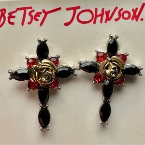 Authentic Betsey Johnson Black and Ruby Gothic Rose Cross Earrings-NWT